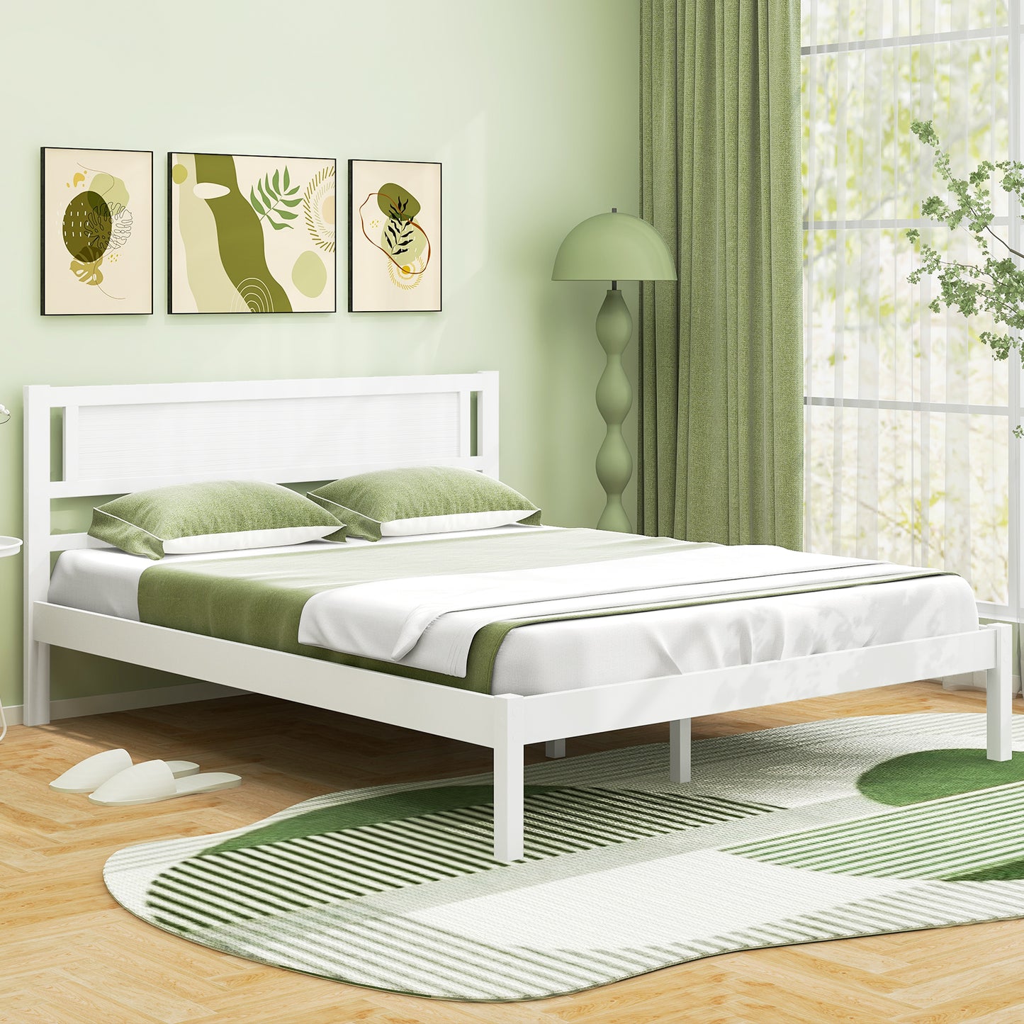 Twin/Full/Queen Size Wood Bed Frame with Headboard and Wooden Slats Support-Queen, White Simple Bed Frame at Gallery Canada