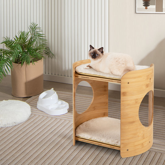 2-Tier Cute Small Cat Tree for Indoor Cats with Natural Bamboo Frame, Beige Cat Trees Condos & Scratchers Beige at Gallery Canada