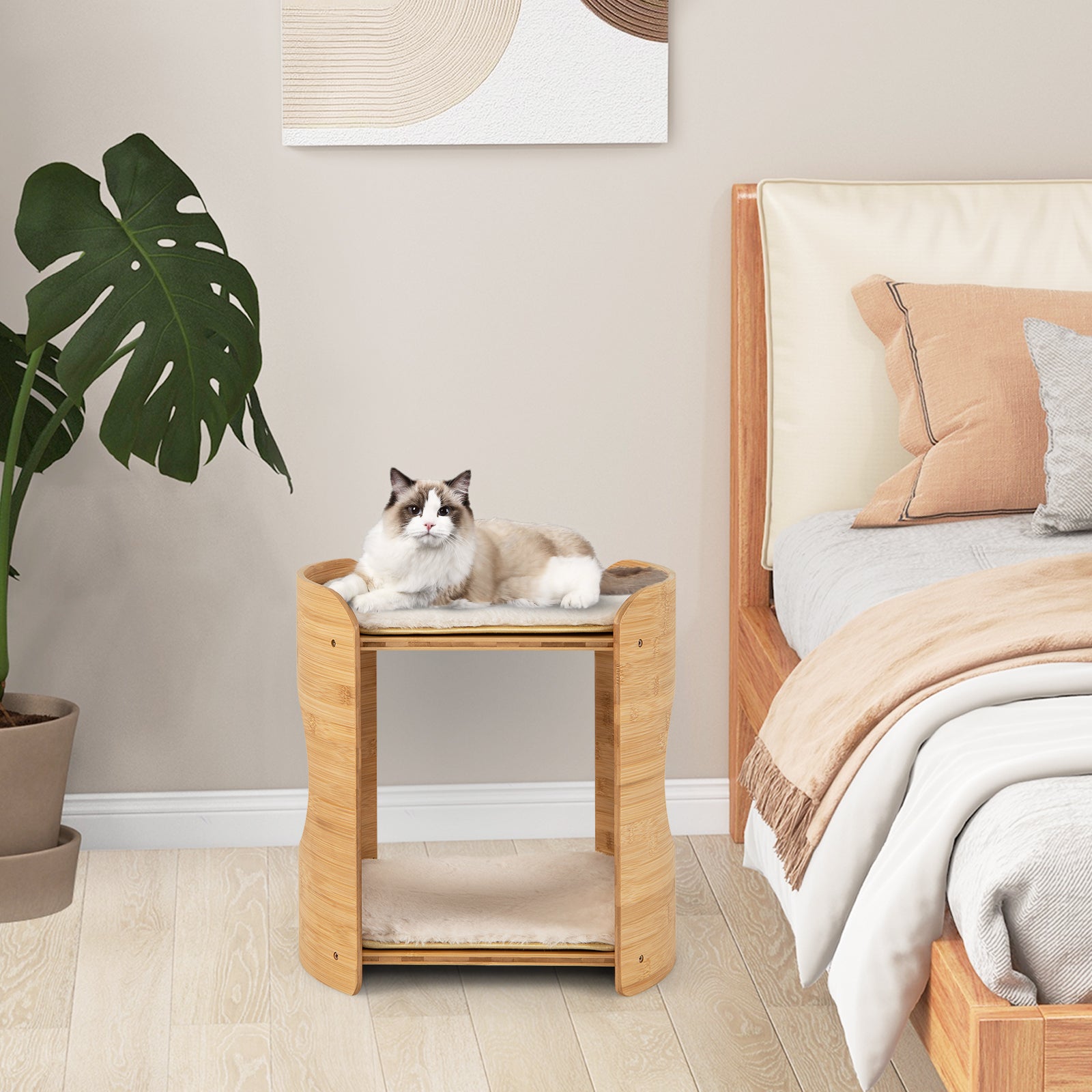 2-Tier Cute Small Cat Tree for Indoor Cats with Natural Bamboo Frame, Beige Cat Trees Condos & Scratchers at Gallery Canada
