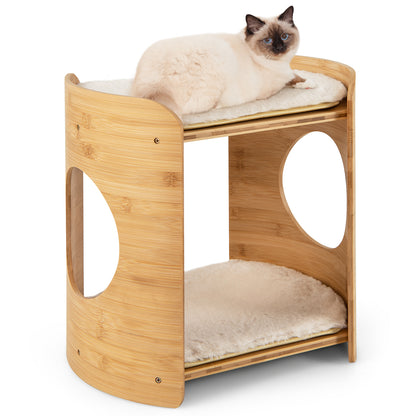 Arbre à chat 2 niveaux, Petit, Cadre en bambou naturel, Beige