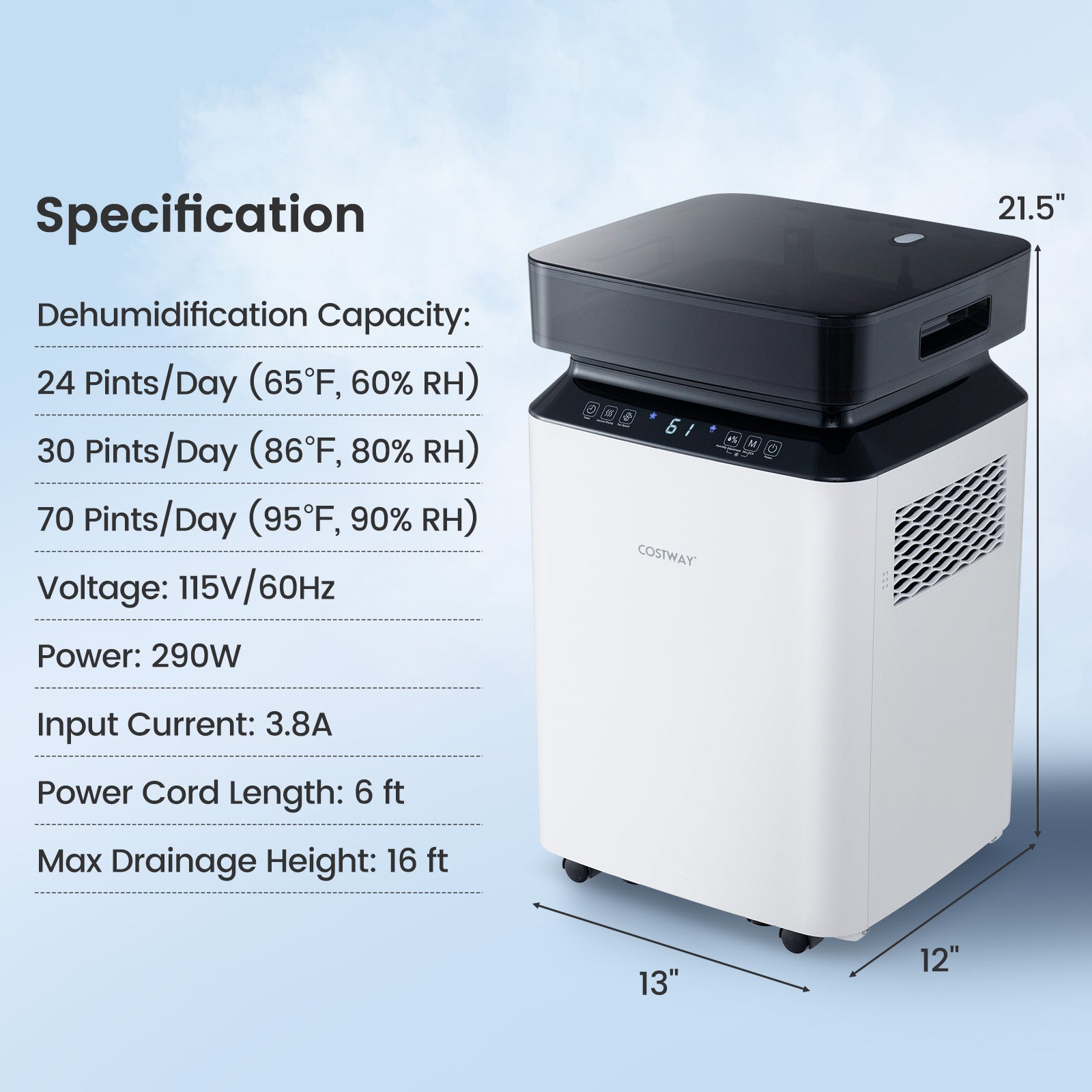 70/90 Pint 4500/6000 Sq. Ft Dehumidifier with Continuous and Auto Mode-70 Pints, White Dehumidifiers at Gallery Canada