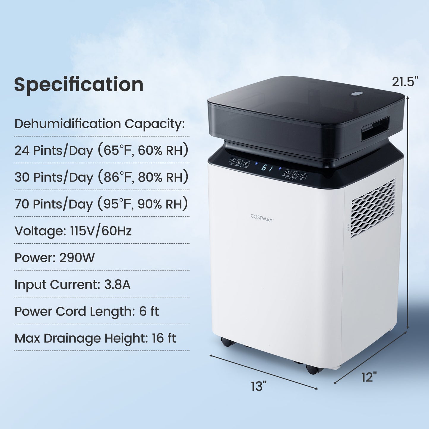 70/90 Pint 4500/6000 Sq. Ft Dehumidifier with Continuous and Auto Mode-90 Pints, White Dehumidifiers at Gallery Canada