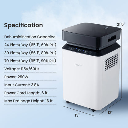 70/90 Pint 4500/6000 Sq. Ft Dehumidifier with Continuous and Auto Mode-90 Pints, White Dehumidifiers at Gallery Canada