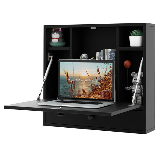 Wall-Mount Floating Desk Foldable Space Saving Laptop Workstation, Black Laptop Tables & Printer Stands Black at Gallery Canada
