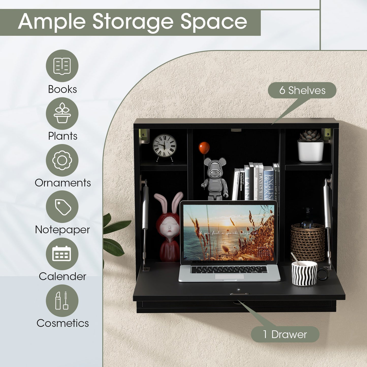 Wall-Mount Floating Desk Foldable Space Saving Laptop Workstation, Black Laptop Tables & Printer Stands at Gallery Canada