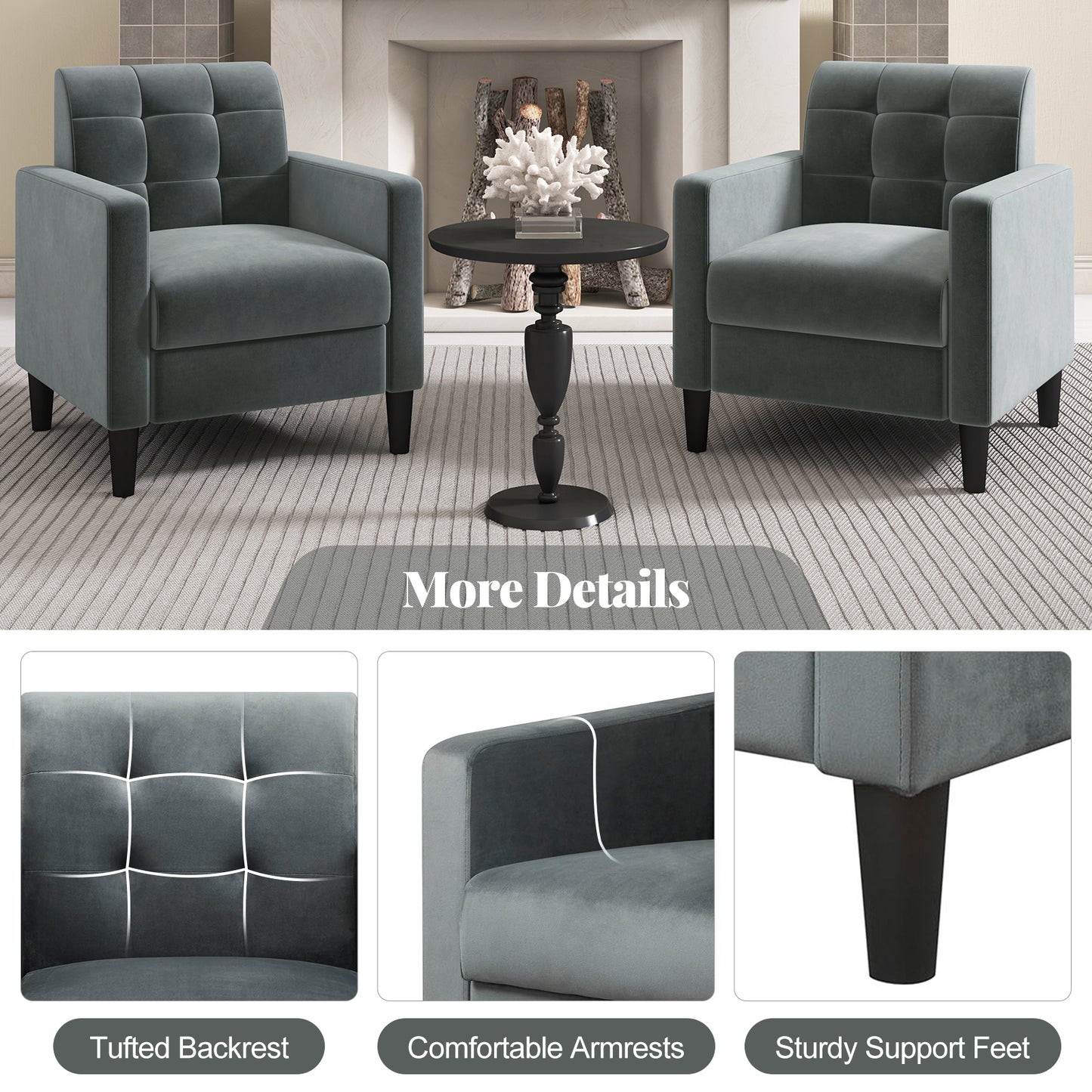 Mid Century Modern Velvet Accent Chair with Tufted Back-Gray , Gray Accent Chairs at Gallery Canada