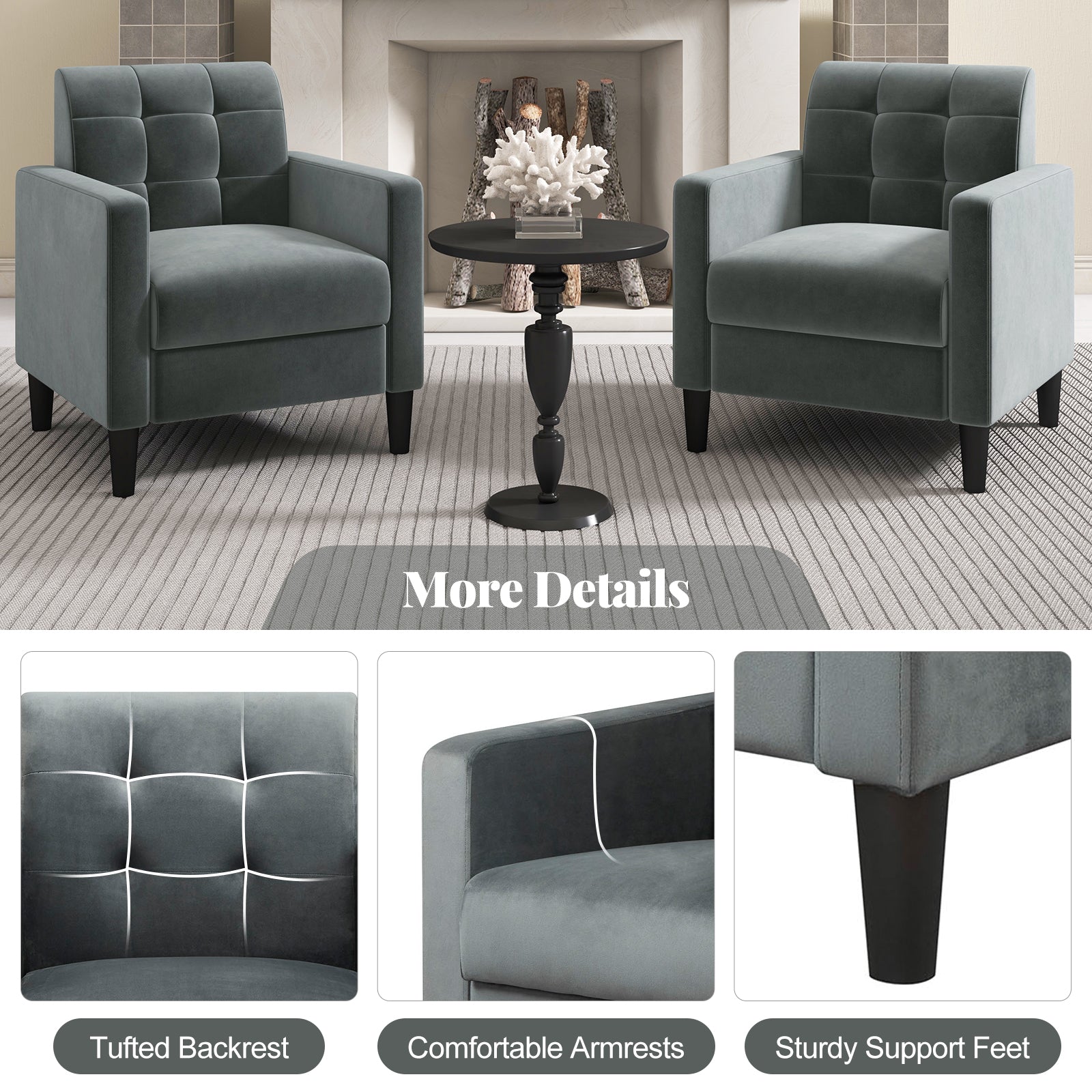 Mid Century Modern Velvet Accent Chair with Tufted Back-Gray , Gray Accent Chairs at Gallery Canada