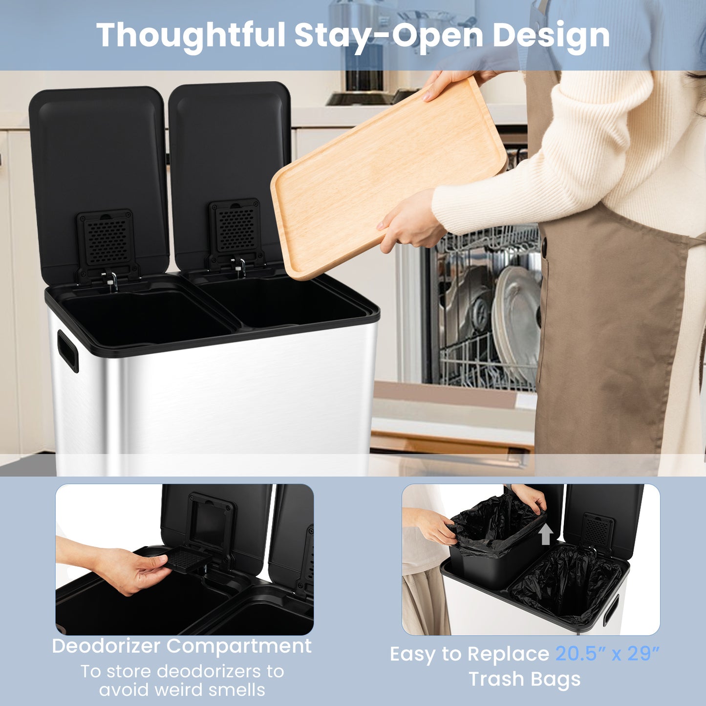 2 x 8 Gal Dual Compartment Trash Can, Silver Kitchen Organization at Gallery Canada