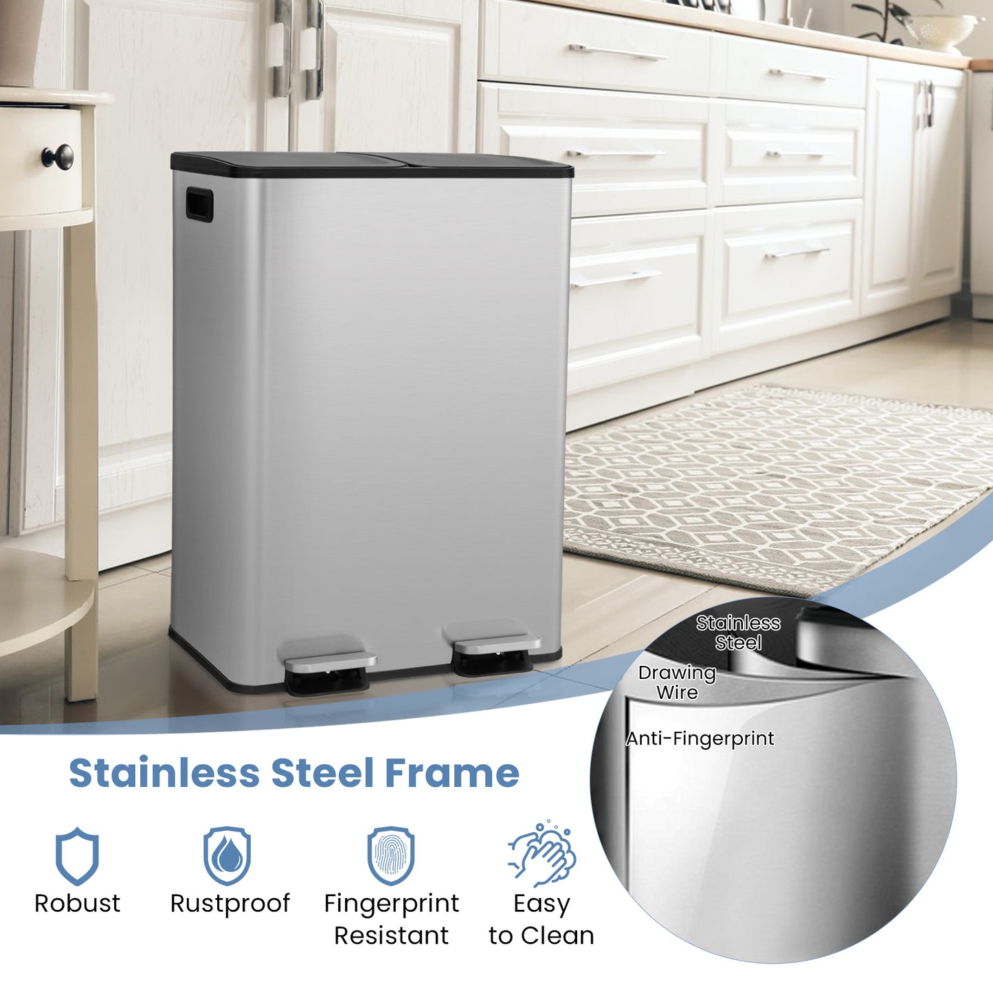 2 x 8 Gal Dual Compartment Trash Can, Silver Kitchen Organization at Gallery Canada