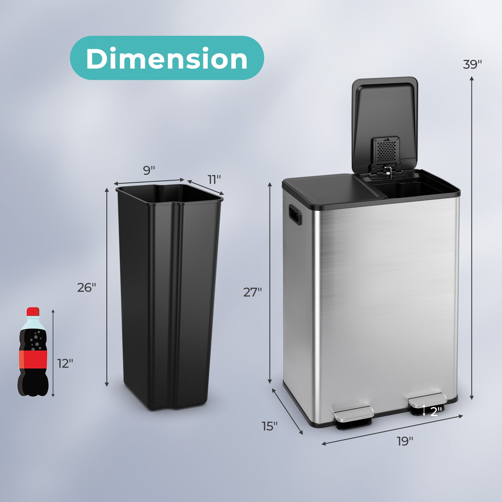 2 x 8 Gal Dual Compartment Trash Can, Silver Kitchen Organization at Gallery Canada