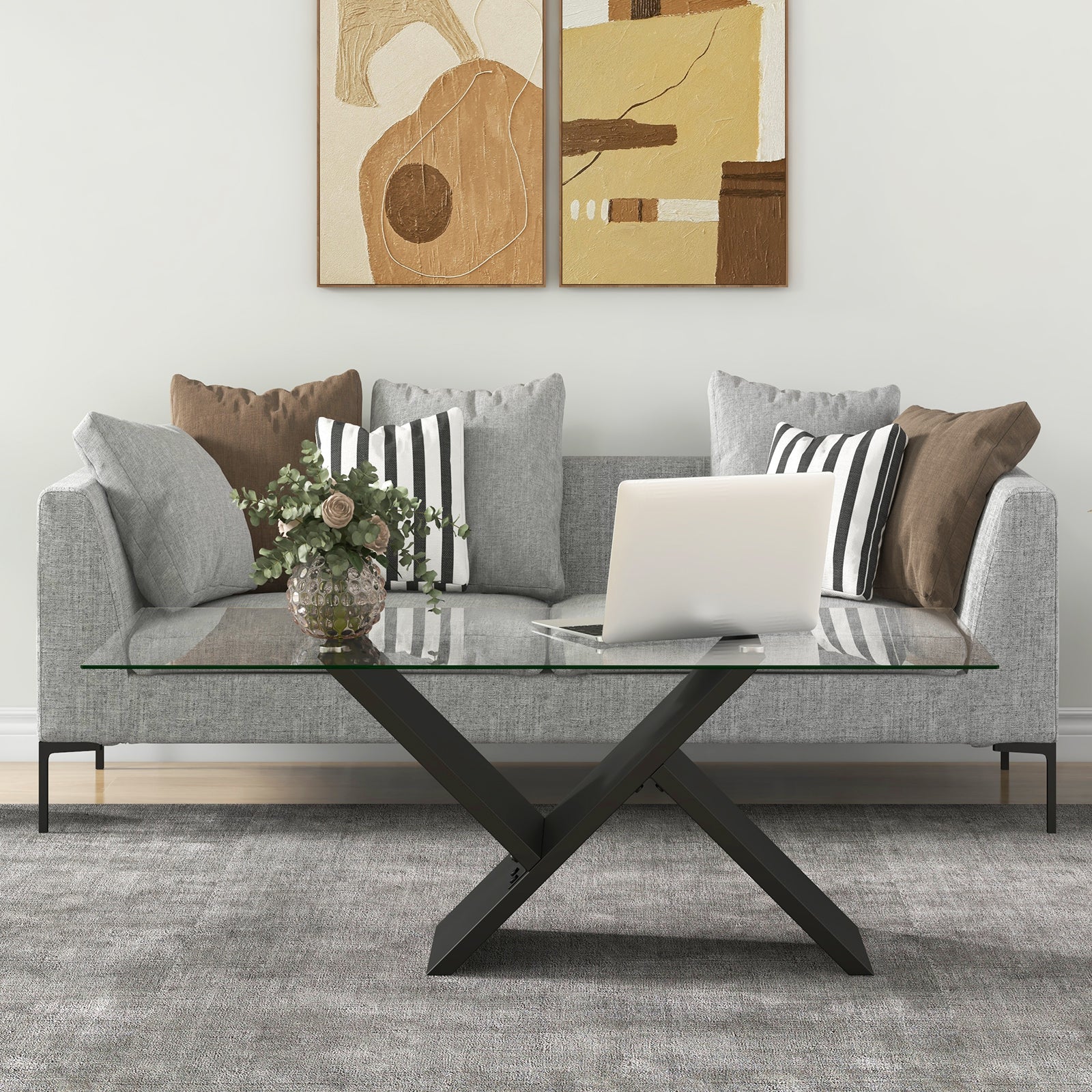 47 Inch Rectangle Glass Coffee Table Modern Center Table with Tempered Glass Tabletop, Black Coffee Tables at Gallery Canada