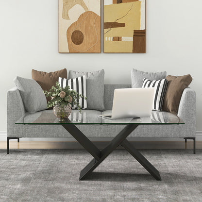47 Inch Rectangle Glass Coffee Table Modern Center Table with Tempered Glass Tabletop, Black Coffee Tables at Gallery Canada