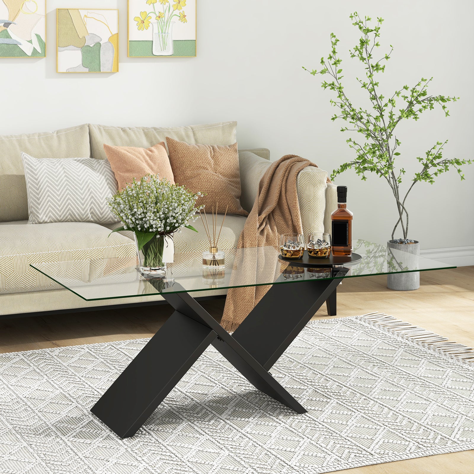 47 Inch Rectangle Glass Coffee Table Modern Center Table with Tempered Glass Tabletop, Black Coffee Tables at Gallery Canada