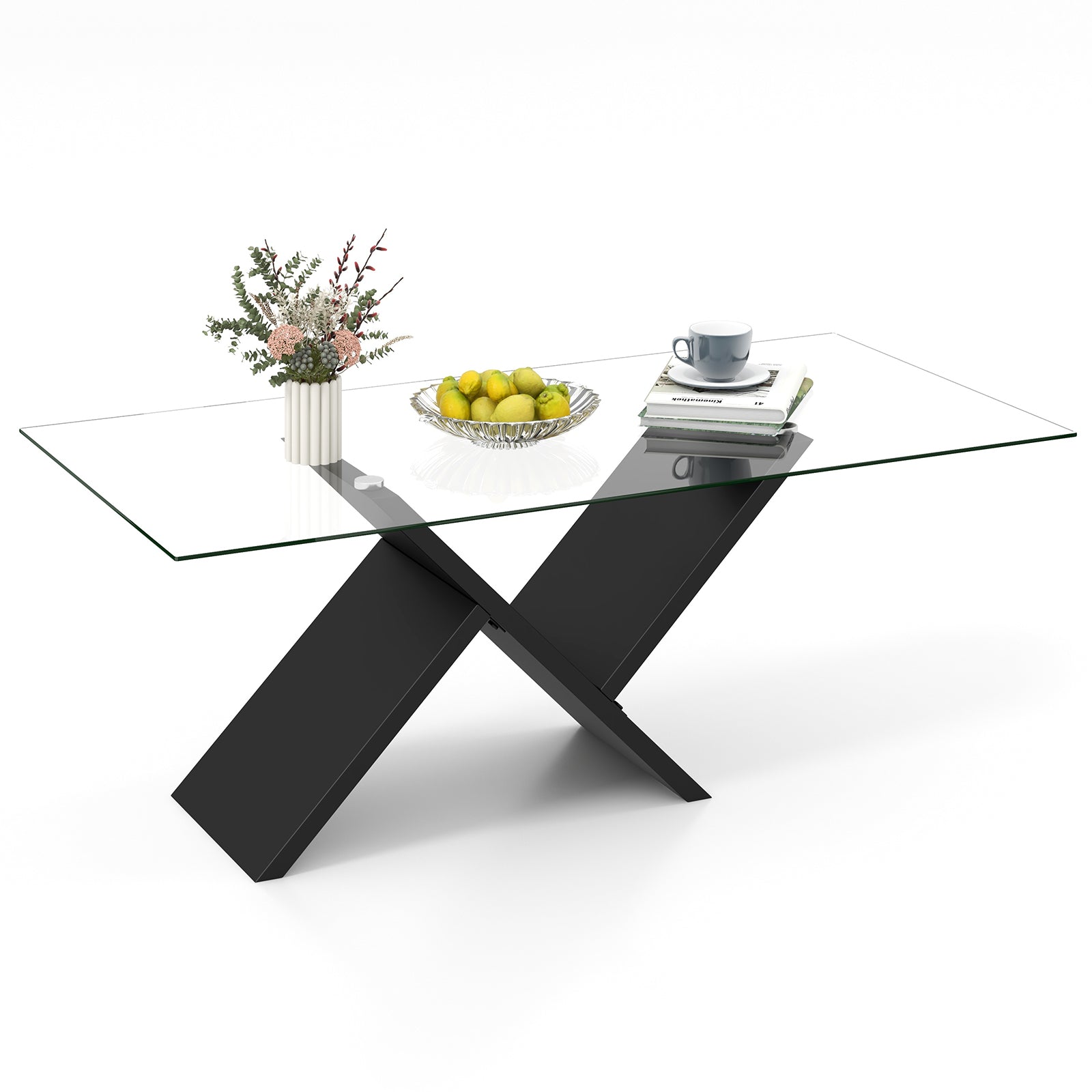 47 Inch Rectangle Glass Coffee Table Modern Center Table with Tempered Glass Tabletop, Black Coffee Tables at Gallery Canada