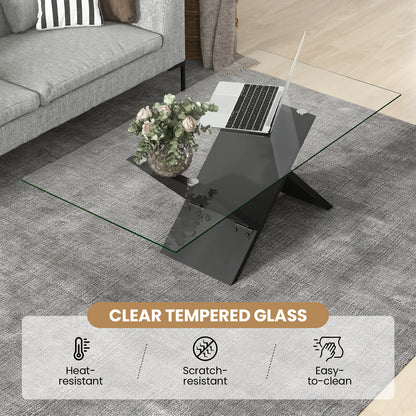 47 Inch Rectangle Glass Coffee Table Modern Center Table with Tempered Glass Tabletop, Black Coffee Tables at Gallery Canada