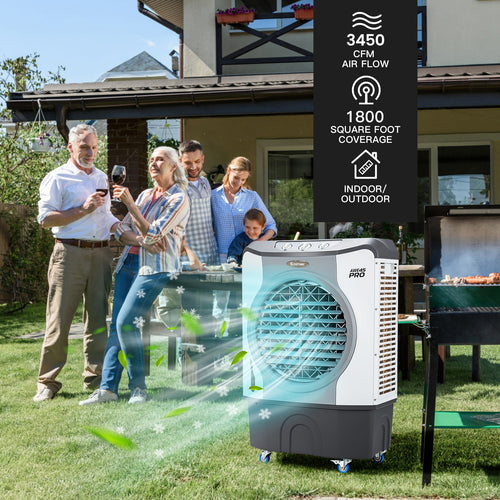 4-In-1 Industrial Evaporative Air Cooler, 12 Gallon Tank, Wheels, Gray