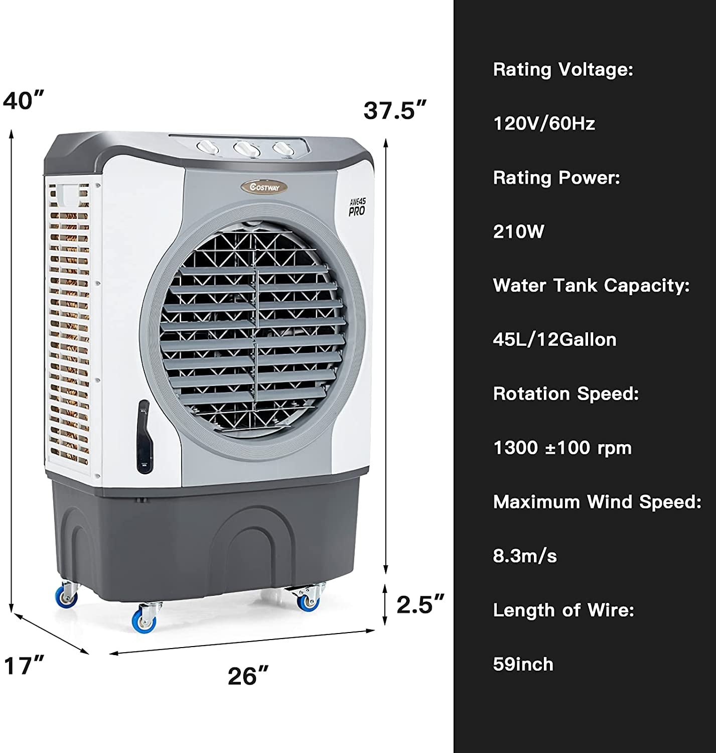 4-In-1 Industrial Evaporative Air Cooler, 12 Gallon Tank, Wheels, Gray Air Coolers at Gallery Canada