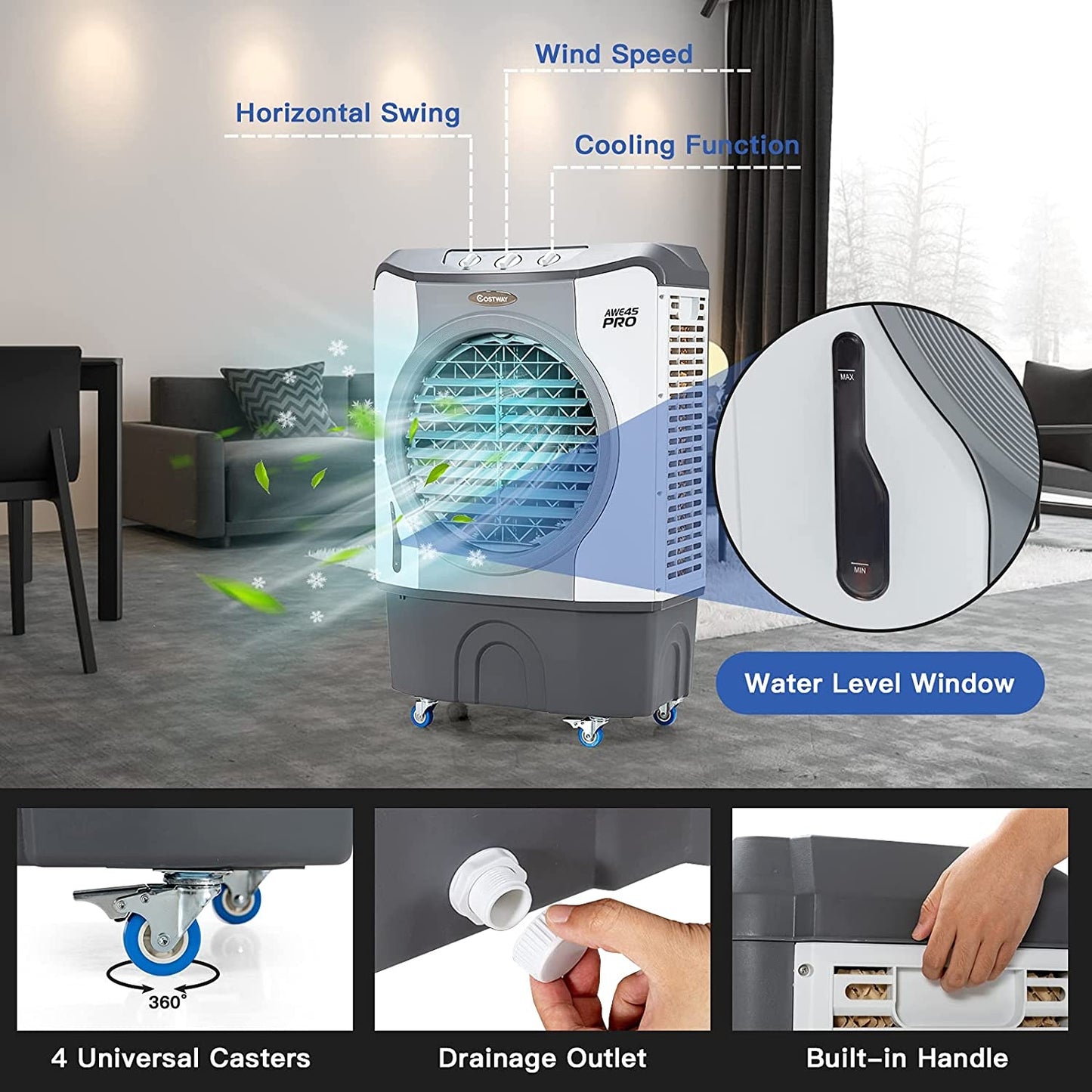4-In-1 Industrial Evaporative Air Cooler, 12 Gallon Tank, Wheels, Gray Air Coolers at Gallery Canada