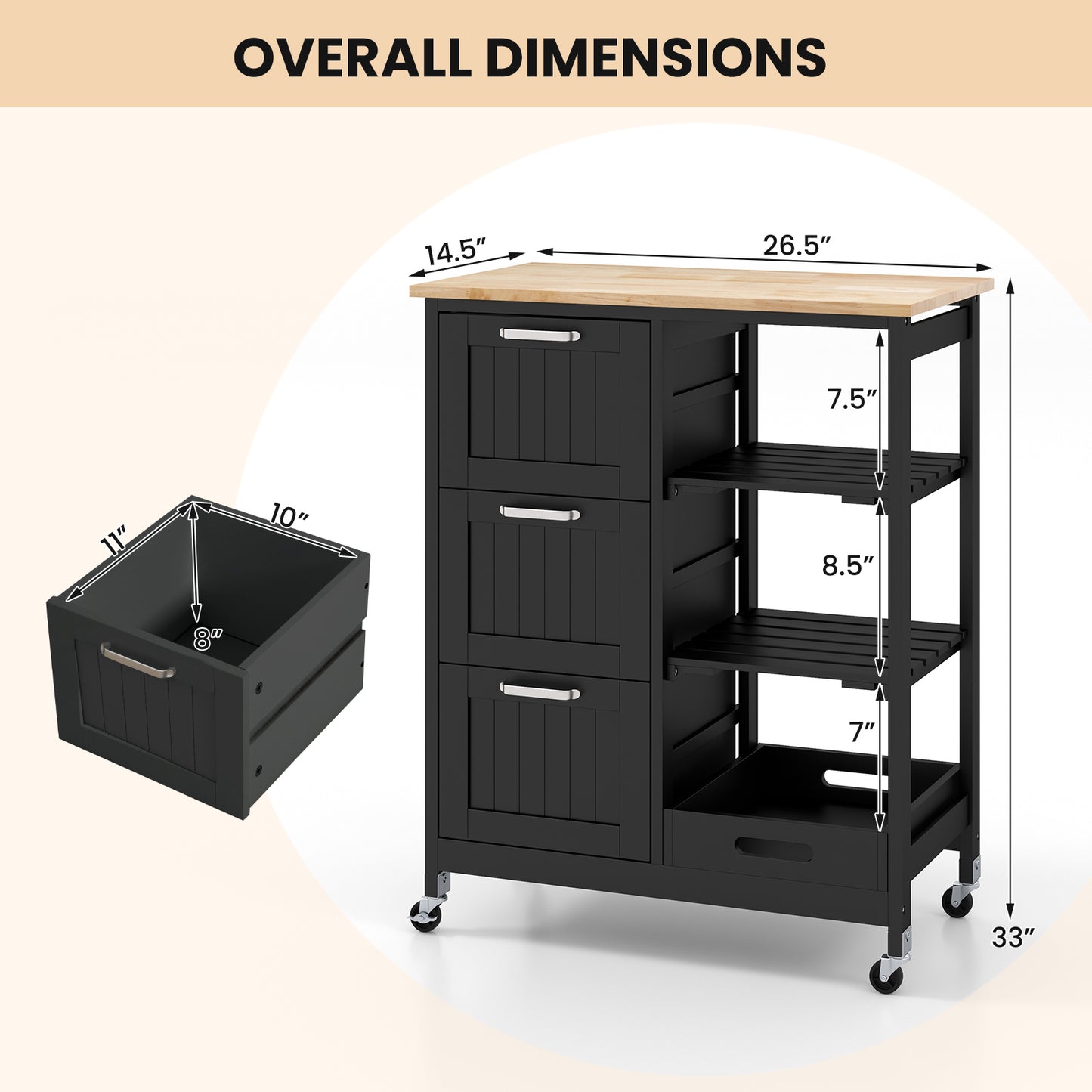 Kitchen Island Storage Cart With 3 Large Drawers, Black Kitchen Islands & Carts at Gallery Canada