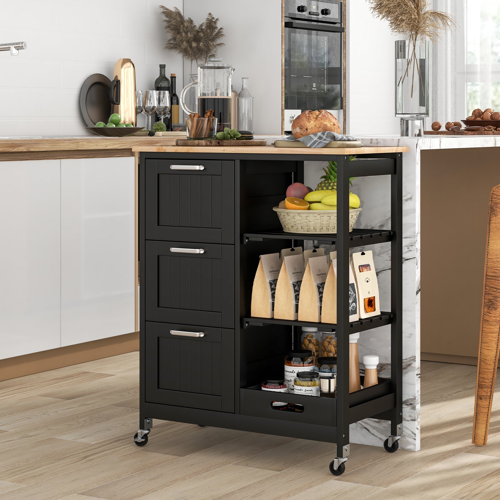 Kitchen Island Storage Cart With 3 Large Drawers, Black Kitchen Islands & Carts at Gallery Canada