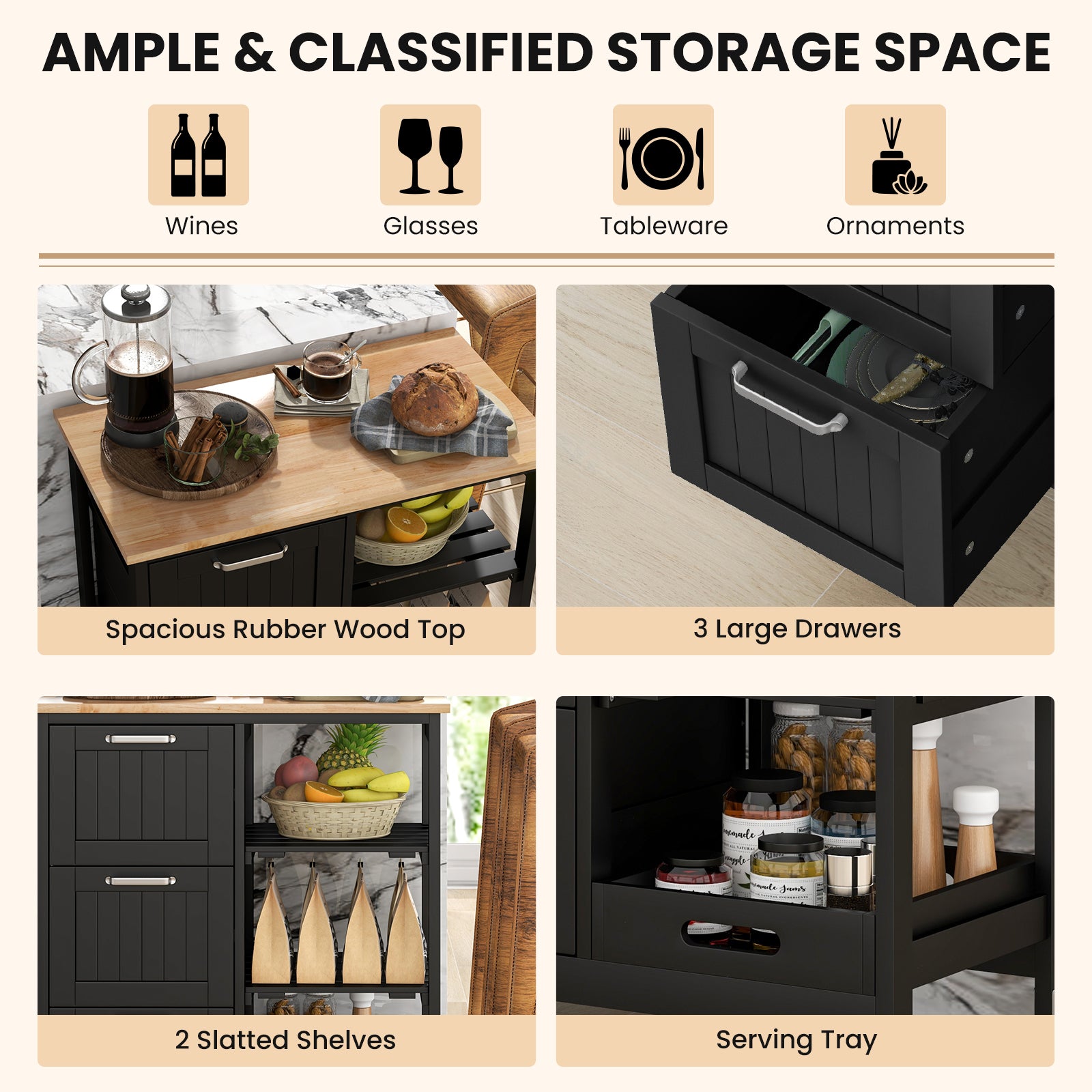 Kitchen Island Storage Cart With 3 Large Drawers, Black Kitchen Islands & Carts at Gallery Canada