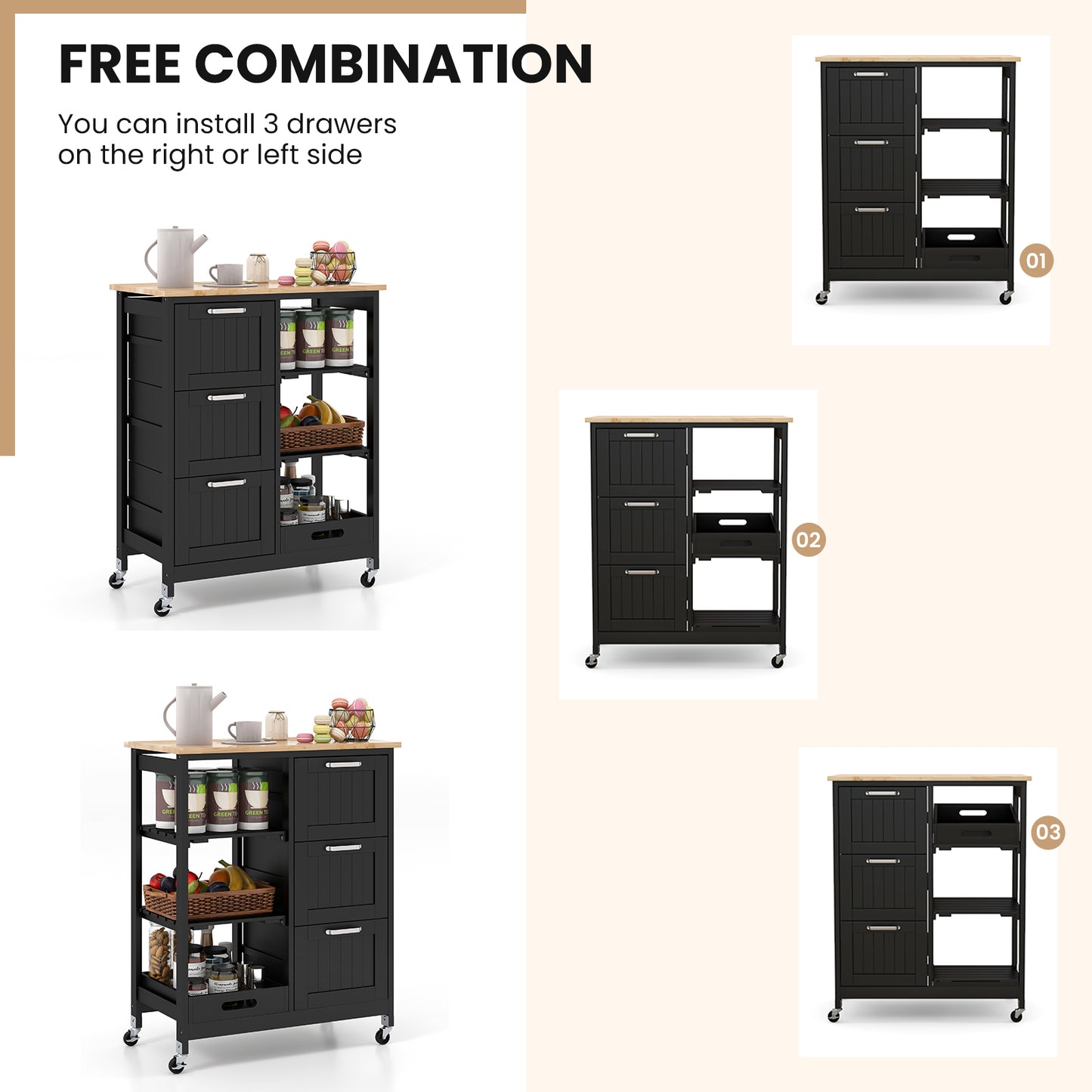 Kitchen Island Storage Cart With 3 Large Drawers, Black Kitchen Islands & Carts at Gallery Canada