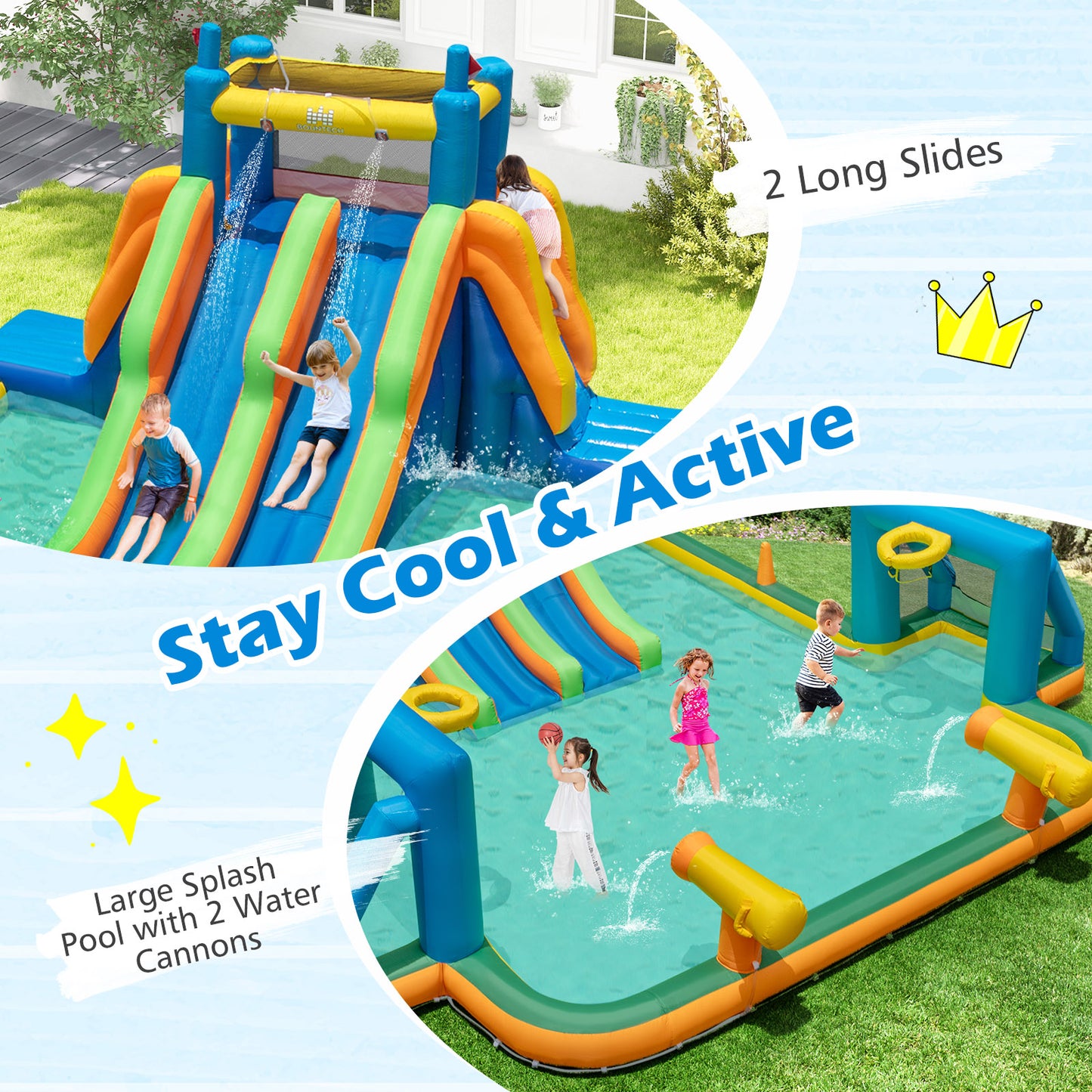 Kids Inflatable Water Slide with 2 Long Slides and 2 Soccer Gates with 1100W Blower, Multicolor