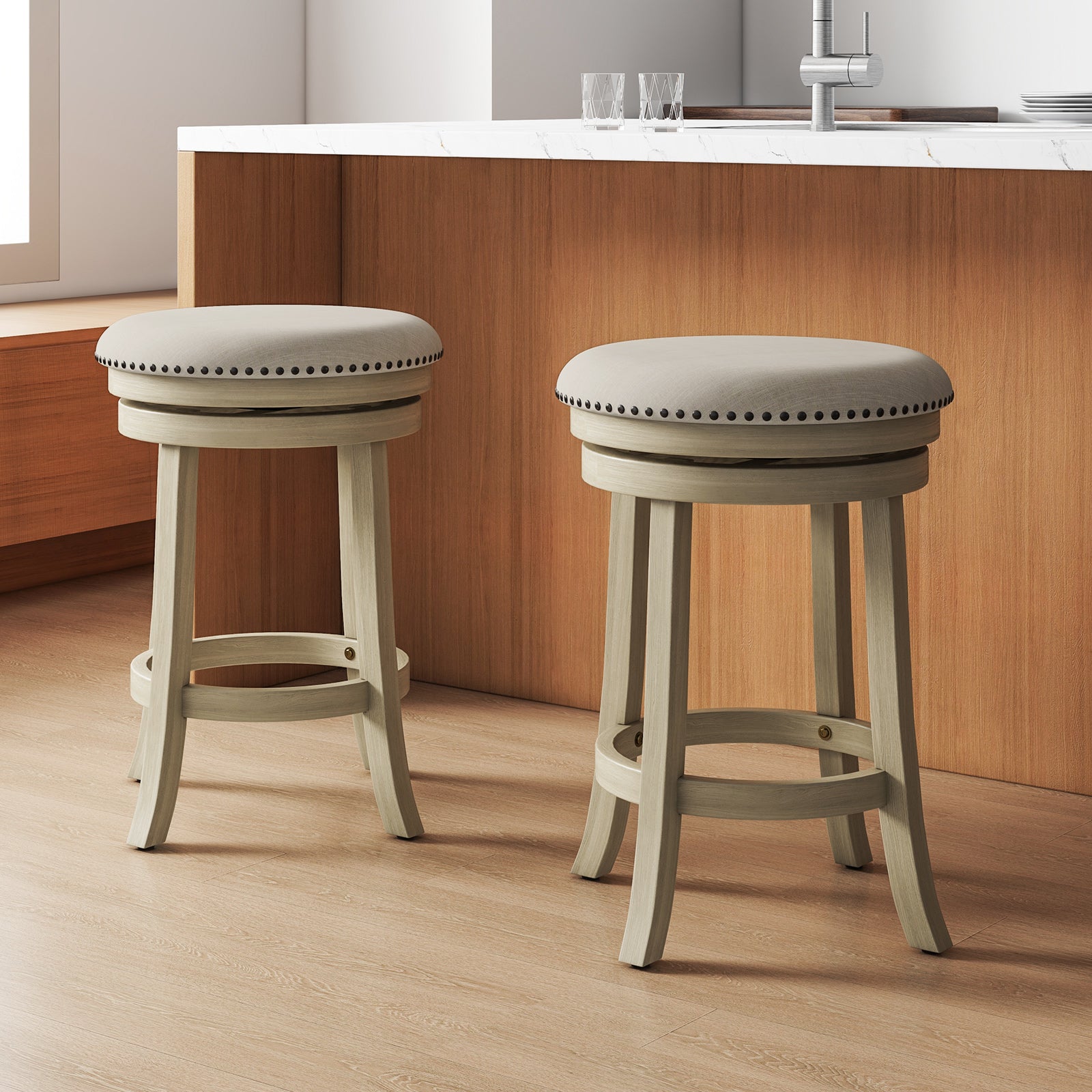 24/26 Inches Swivel Bar Stools Set of 2 wth Wooden Frame-26.5 inches, Beige Bar Stools at Gallery Canada