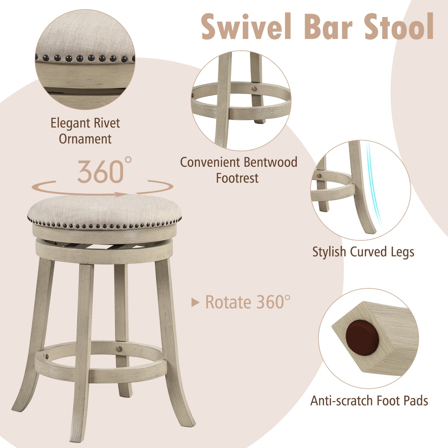 24/26 Inches Swivel Bar Stools Set of 2 wth Wooden Frame-26.5 inches, Beige Bar Stools at Gallery Canada