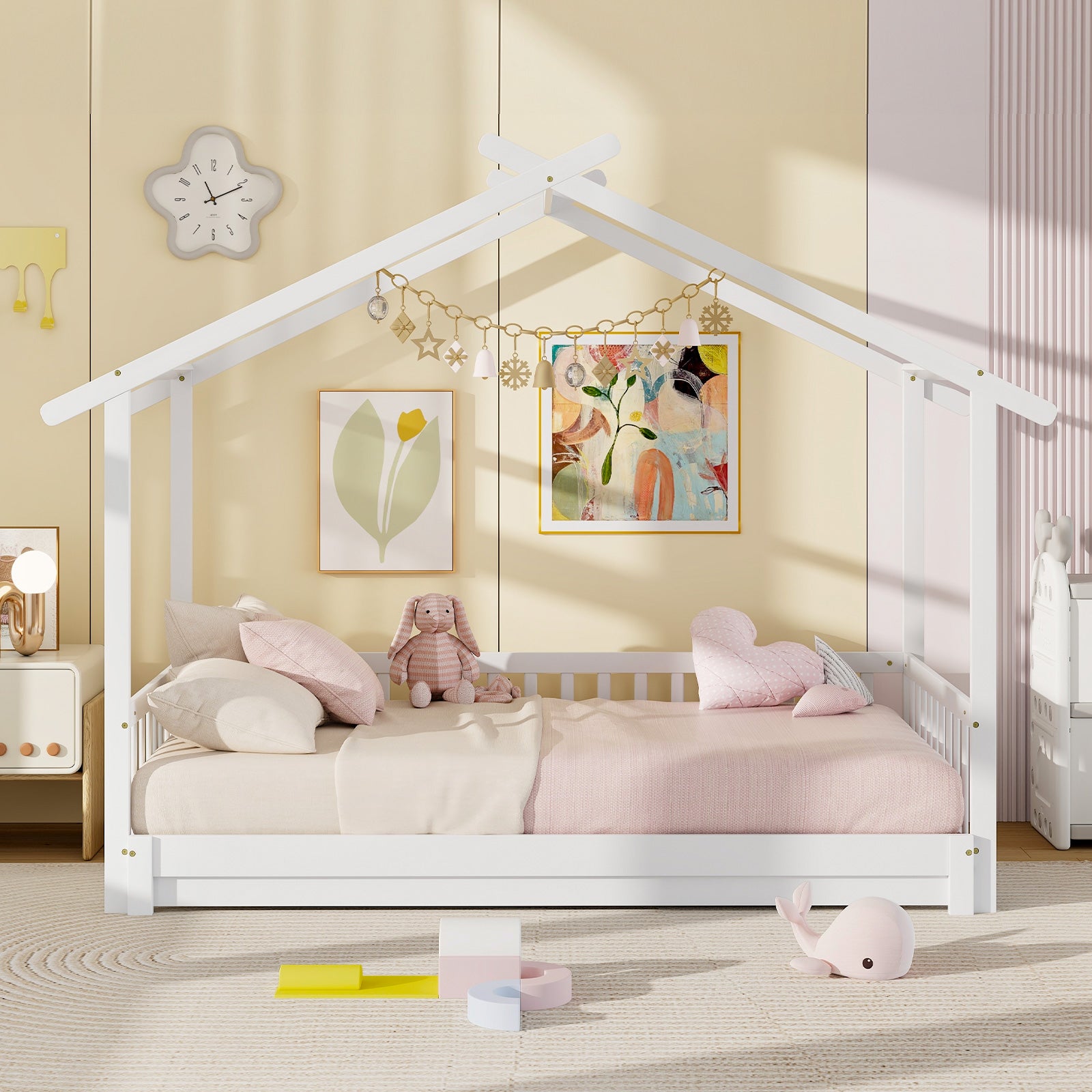 Extendable House Bed Twin to King Daybed with Roof and Fence Rails, White Trundle Bed Frame at Gallery Canada