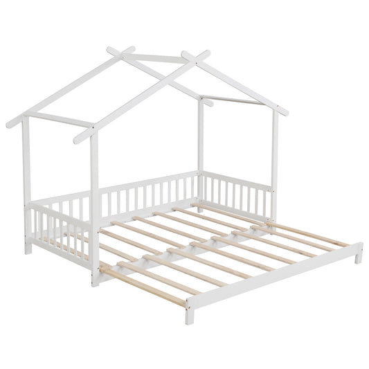 Extendable House Bed Twin to King Daybed with Roof and Fence Rails, White Trundle Bed Frame White at Gallery Canada