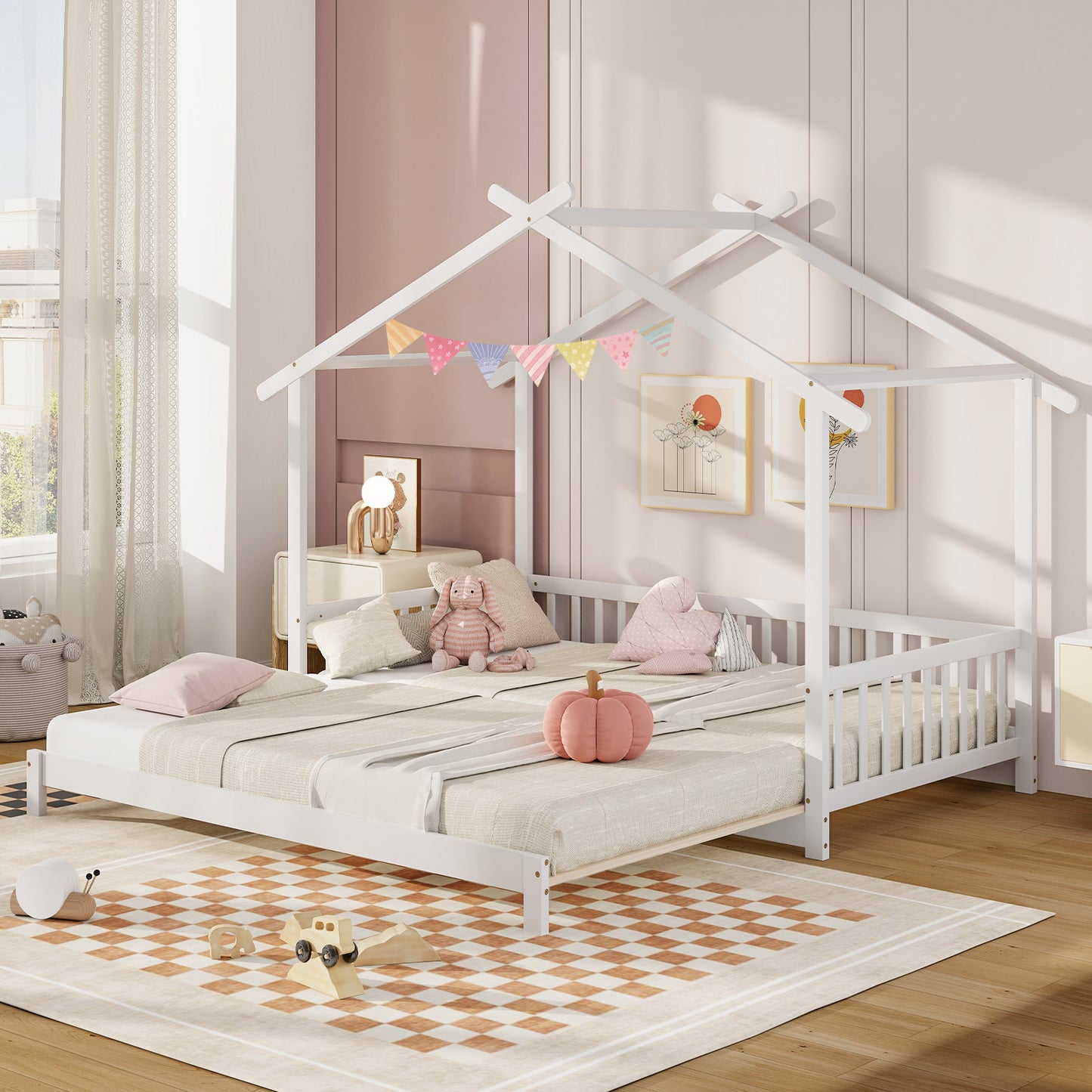 Extendable House Bed Twin to King Daybed with Roof and Fence Rails, White Trundle Bed Frame at Gallery Canada