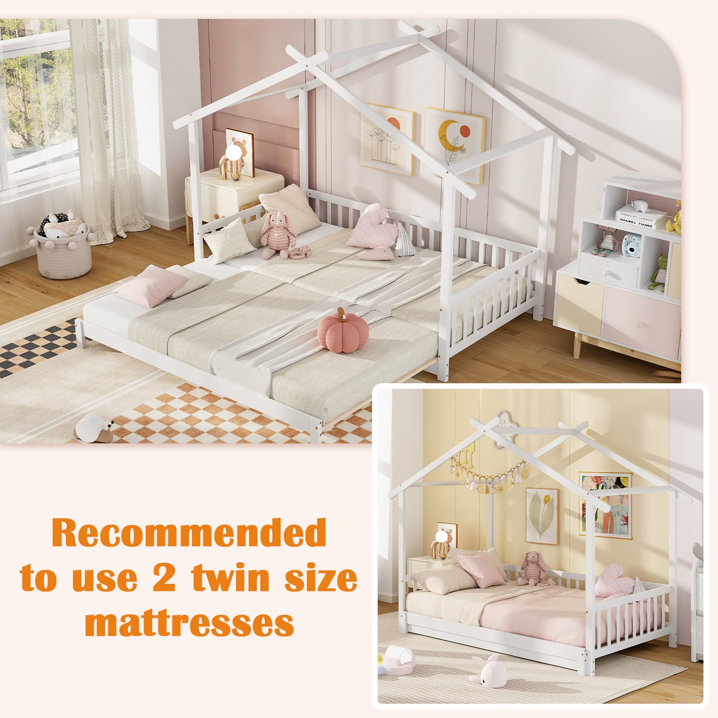 Extendable House Bed Twin to King Daybed with Roof and Fence Rails, White Trundle Bed Frame at Gallery Canada