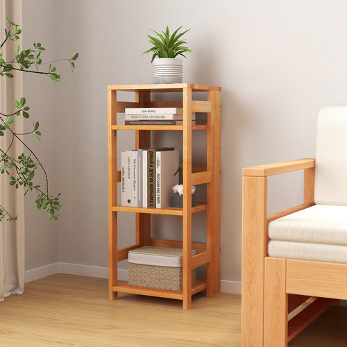 4-Tier Bookshelf Rubber Wood Bookcase with Side Fences for Living Room-14 inches, Natural