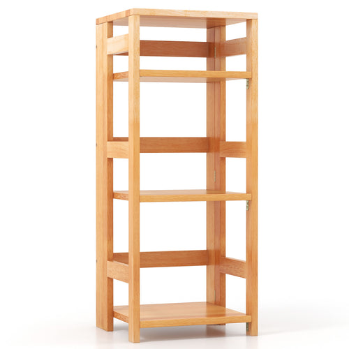 4-Tier Bookshelf Rubber Wood Bookcase with Side Fences for Living Room-14 inches, Natural