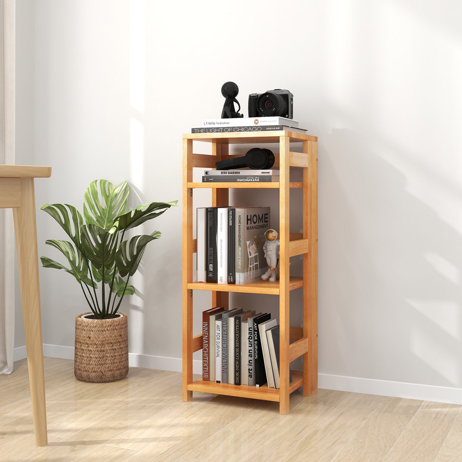 4-Tier Bookshelf Rubber Wood Bookcase with Side Fences for Living Room-14 inches, Natural Bookcases at Gallery Canada