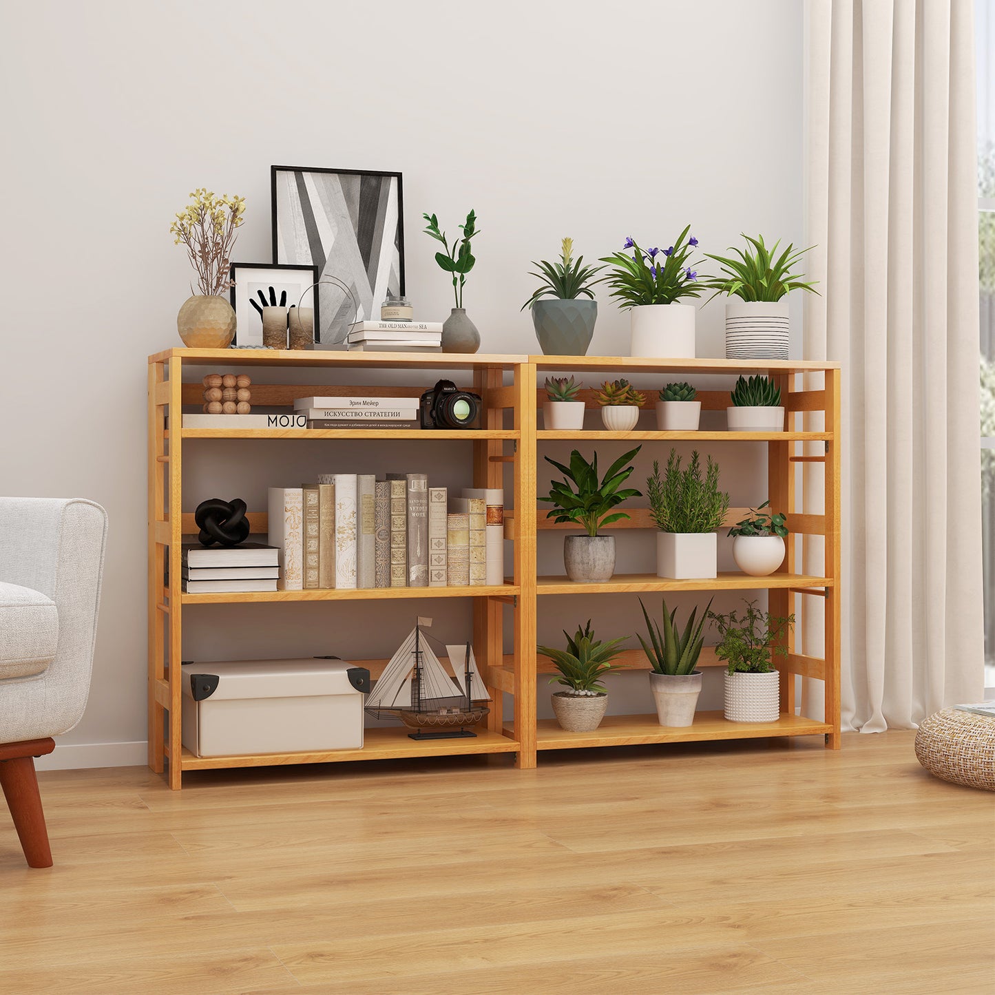 4-Tier Bookshelf Rubber Wood Bookcase with Side Fences for Living Room-29.5 inches, Natural Bookcases at Gallery Canada
