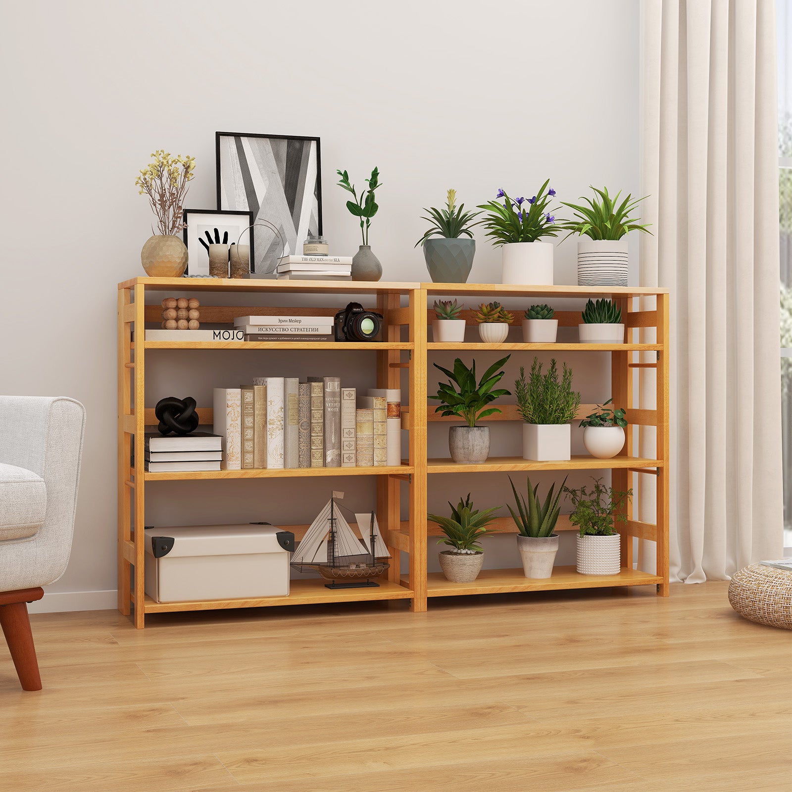 4-Tier Bookshelf Rubber Wood Bookcase with Side Fences for Living Room-29.5 inches, Natural Bookcases at Gallery Canada