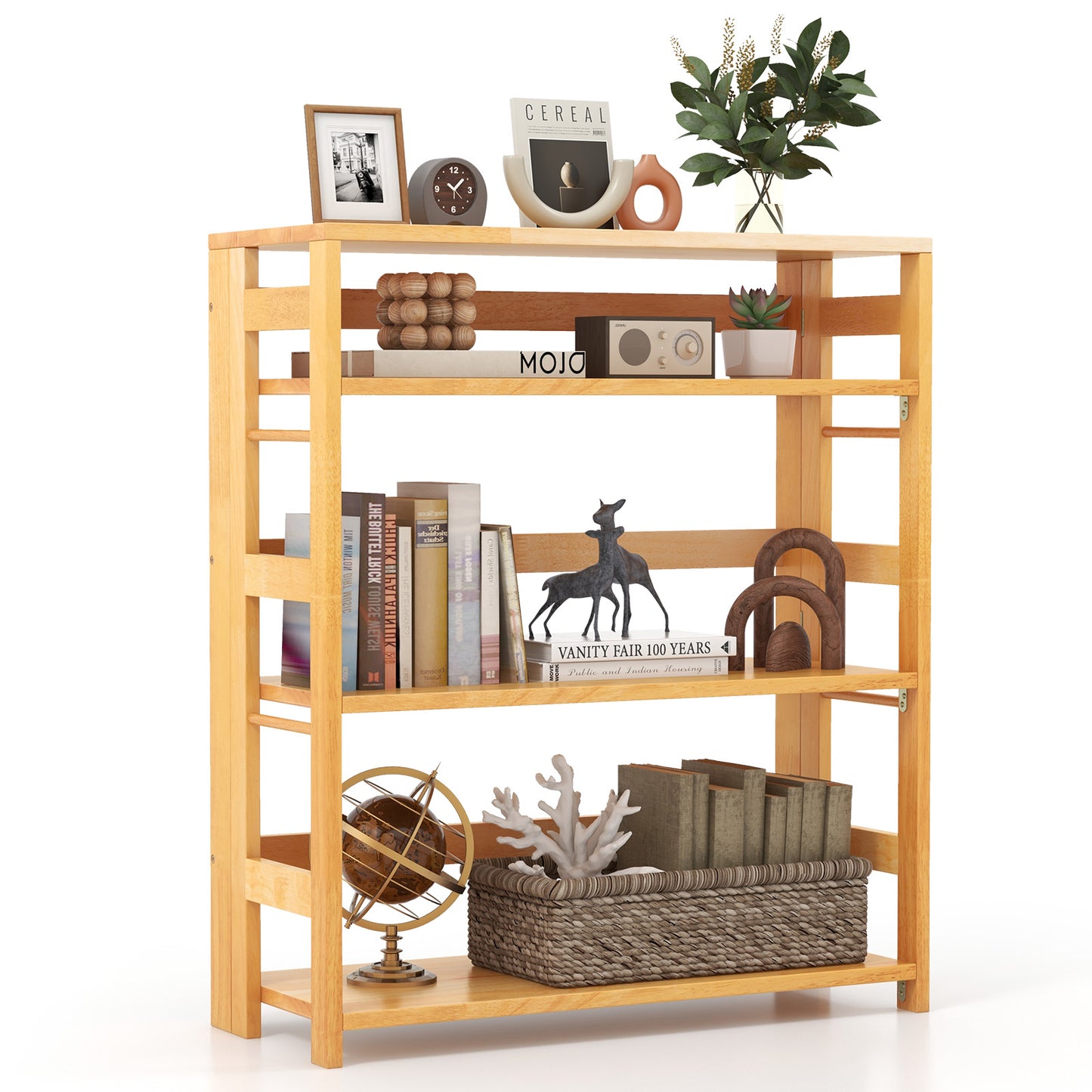 4-Tier Bookshelf Rubber Wood Bookcase with Side Fences for Living Room-29.5 inches, Natural Bookcases at Gallery Canada