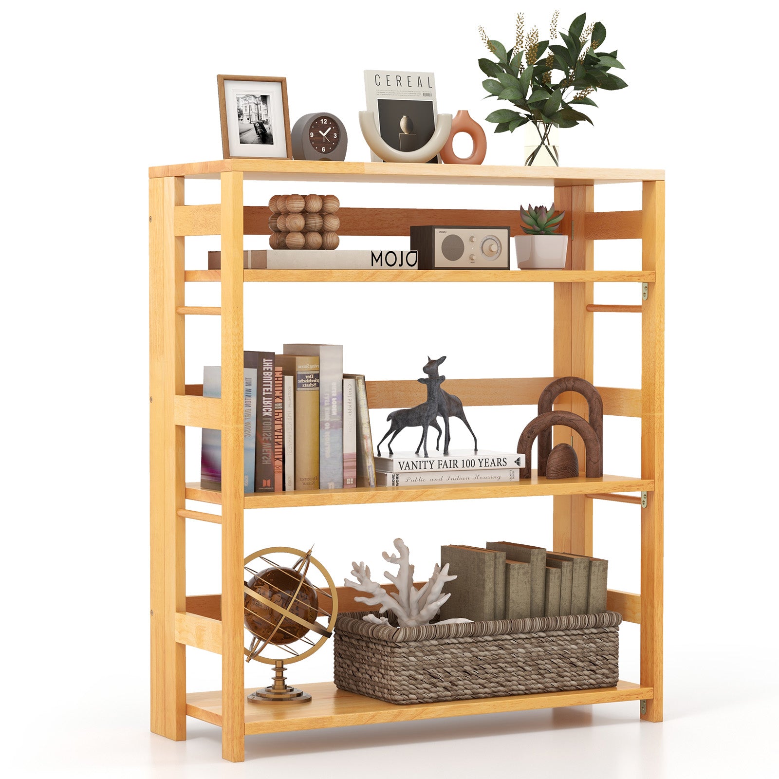 4-Tier Bookshelf Rubber Wood Bookcase with Side Fences for Living Room-29.5 inches, Natural Bookcases at Gallery Canada