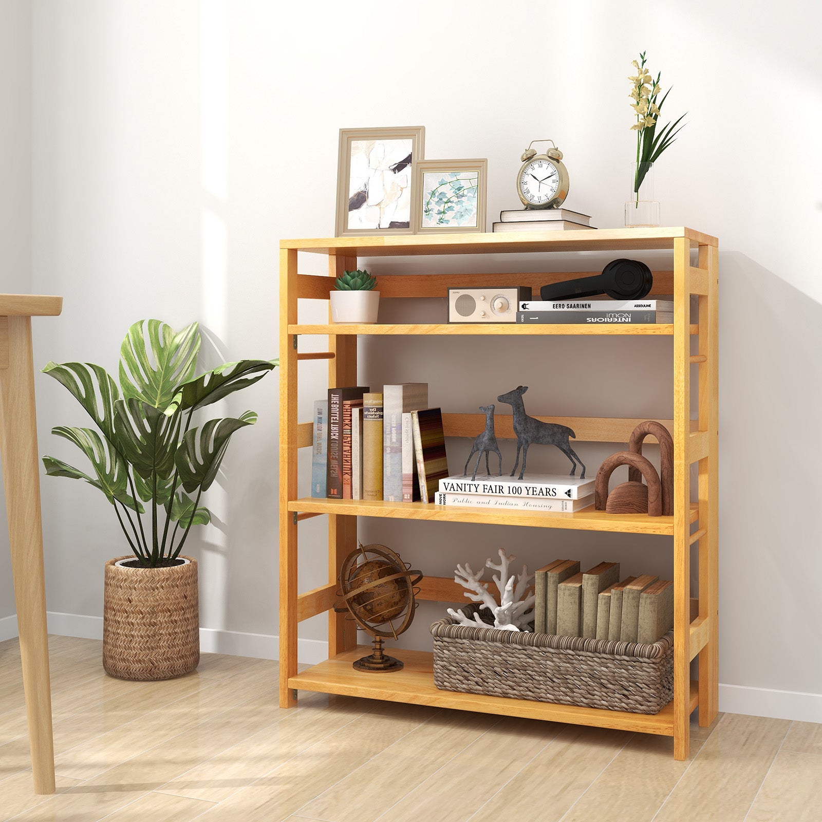 4-Tier Bookshelf Rubber Wood Bookcase with Side Fences for Living Room-29.5 inches, Natural Bookcases at Gallery Canada