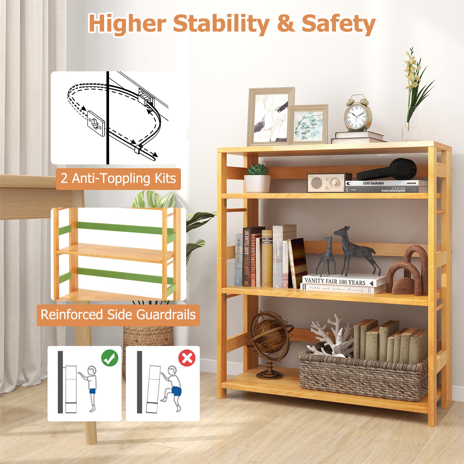 4-Tier Bookshelf Rubber Wood Bookcase with Side Fences for Living Room-29.5 inches, Natural Bookcases at Gallery Canada