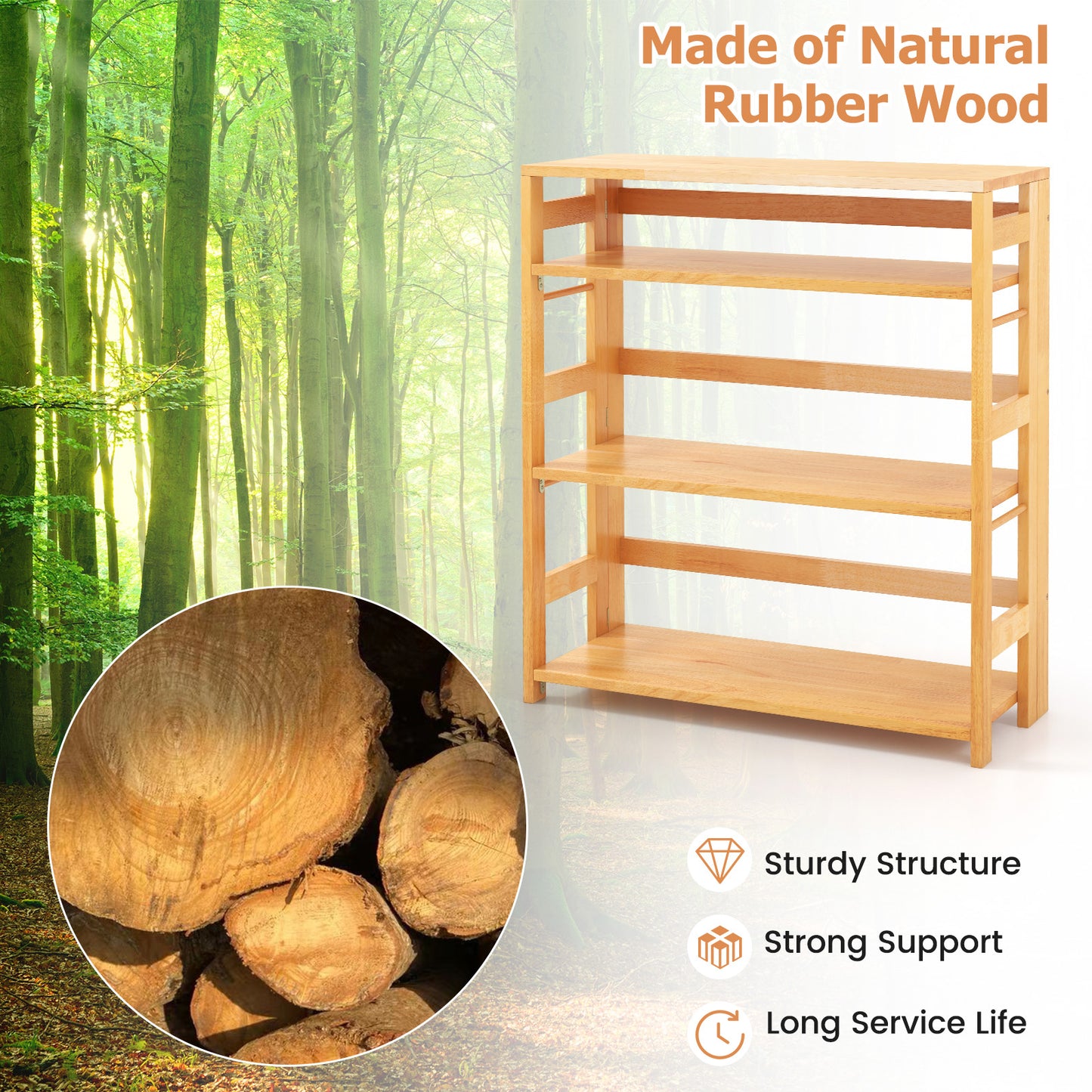 4-Tier Bookshelf Rubber Wood Bookcase with Side Fences for Living Room-29.5 inches, Natural Bookcases at Gallery Canada