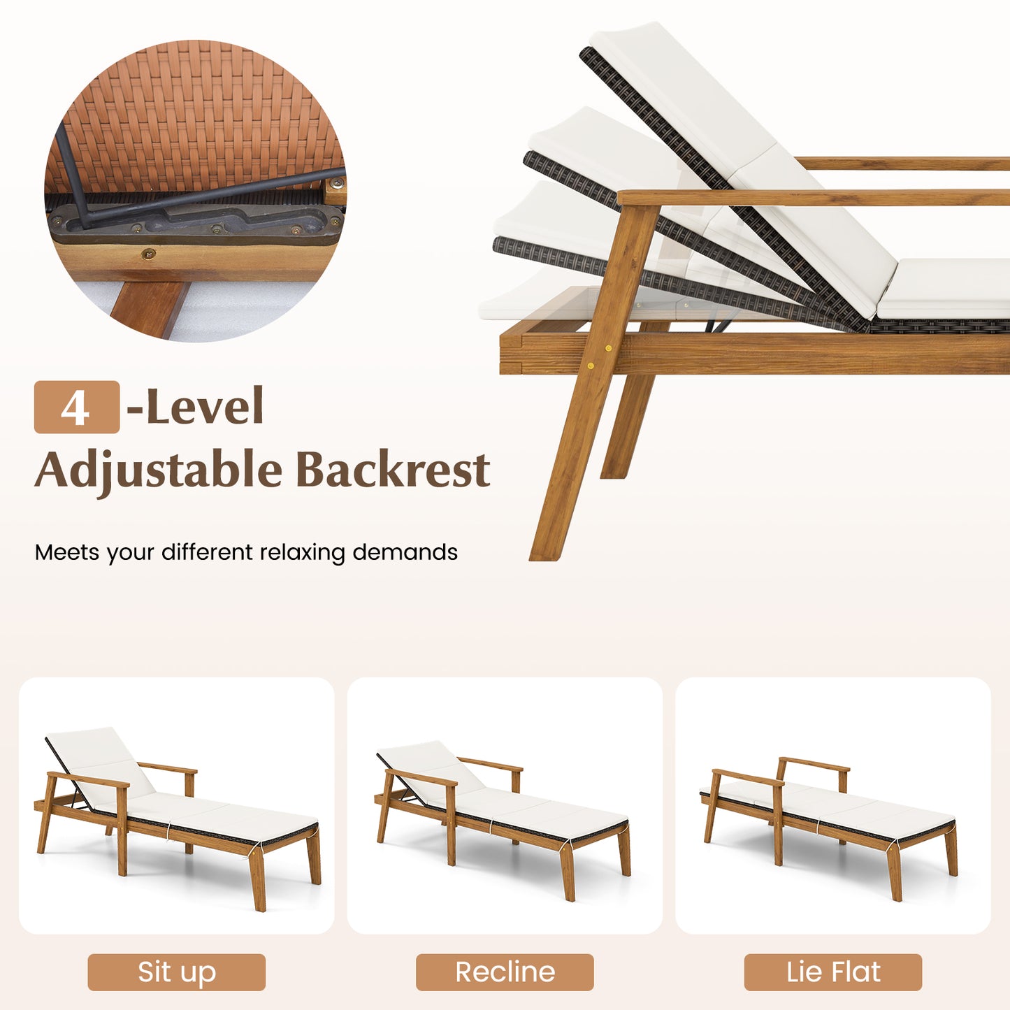 Outdoor Chaise Lounge Chair Rattan Patio Recliners with Armrests, Off White Outdoor Chaise Lounges at Gallery Canada