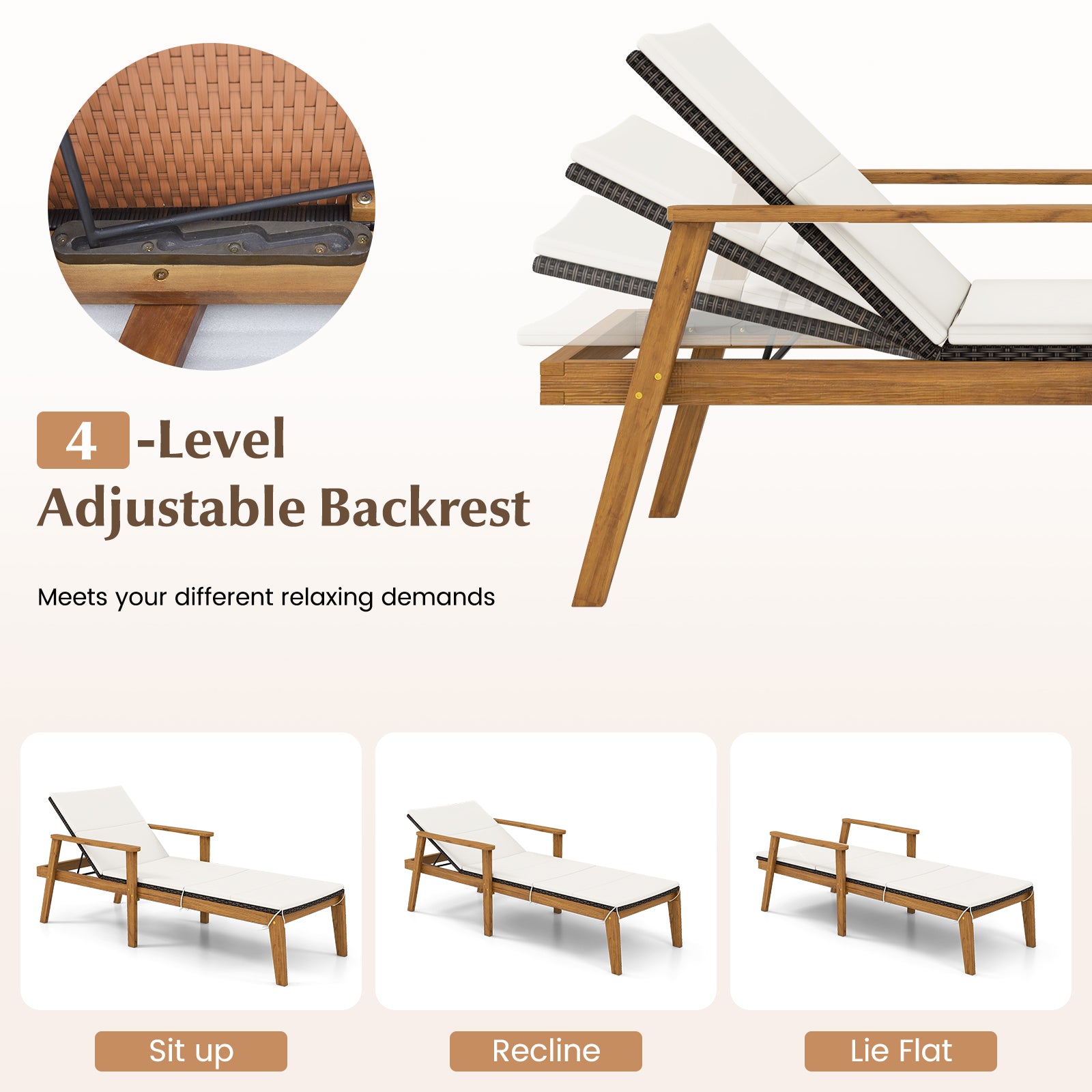 Outdoor Chaise Lounge Chair Rattan Patio Recliners with Armrests, Off White Outdoor Chaise Lounges at Gallery Canada