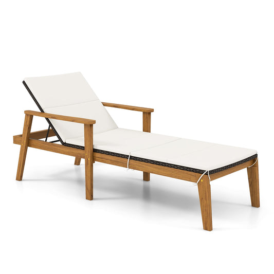 Outdoor Chaise Lounge Chair, Rattan Patio Recliner With Armrests, Off White