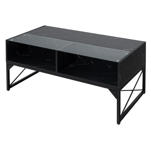 Center Table with Faux Marble and Tempered Glass Top, Black