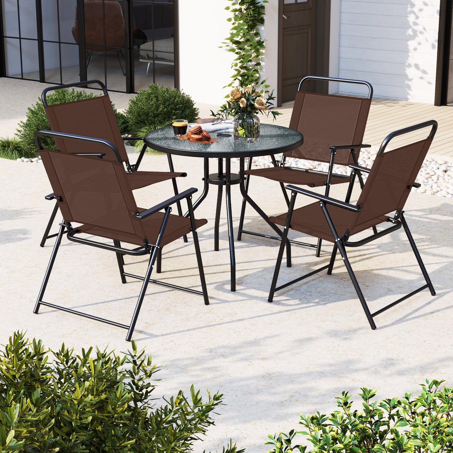 6 Pieces Patio Dining Set Folding Chairs Glass Table Tilt Umbrella for Garden, Coffee Patio Dining Sets at Gallery Canada
