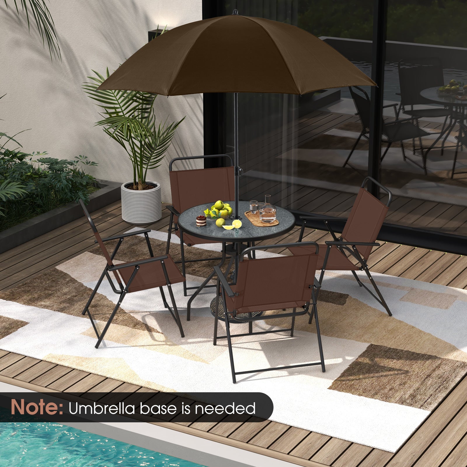 6 Pieces Patio Dining Set Folding Chairs Glass Table Tilt Umbrella for Garden, Coffee Patio Dining Sets at Gallery Canada