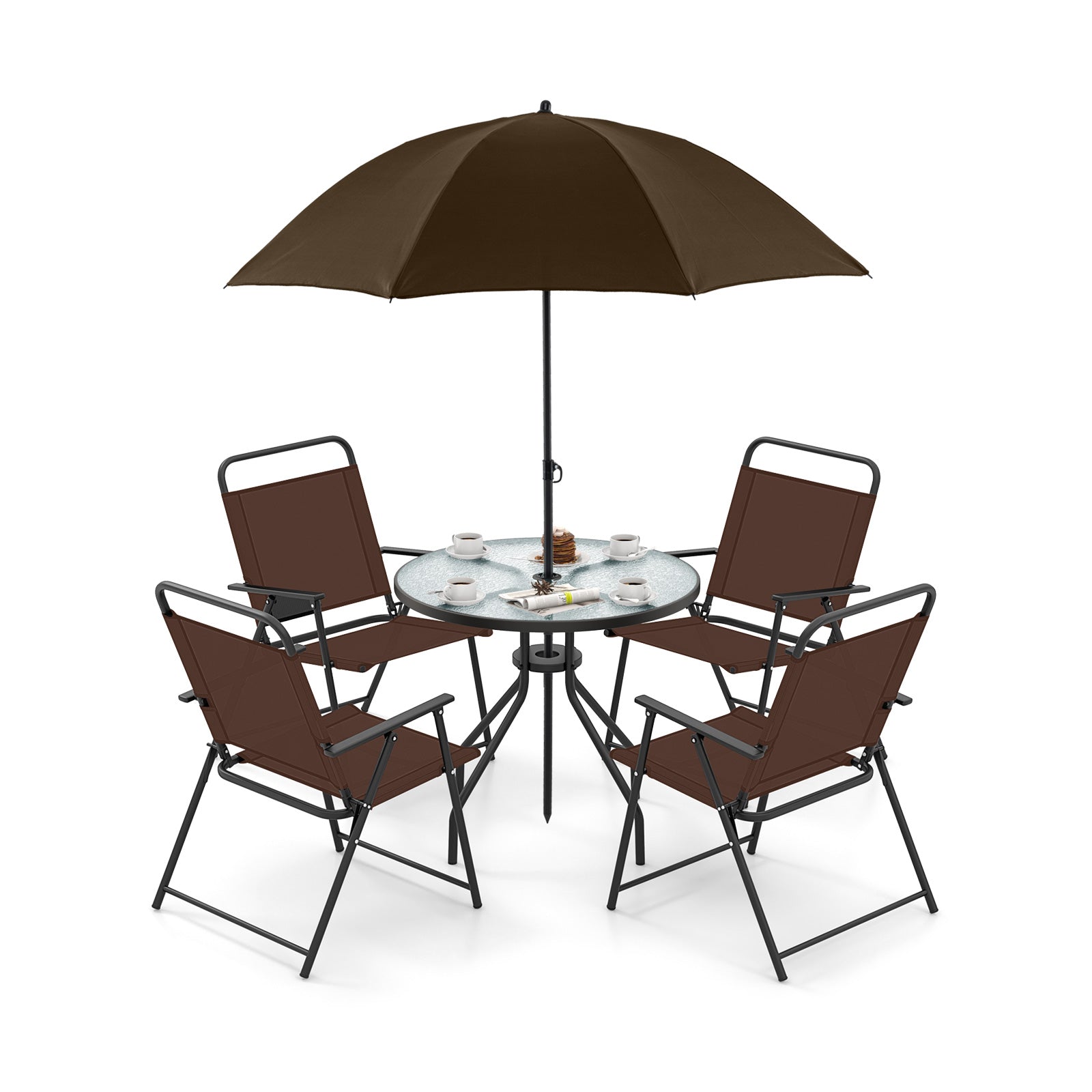 6 Pieces Patio Dining Set Folding Chairs Glass Table Tilt Umbrella for Garden, Coffee Patio Dining Sets at Gallery Canada